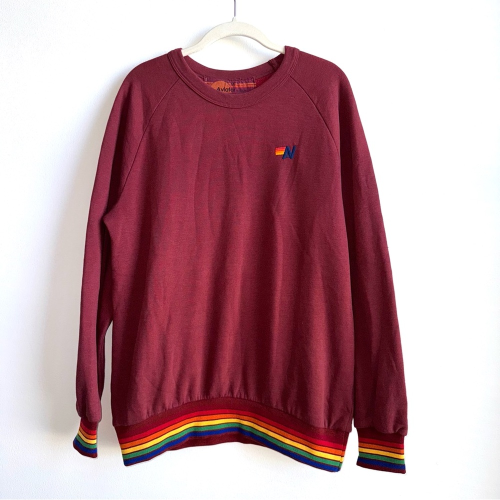 Aviator Nation Mens Size Medium Sweatshirt Burgundy Red Rainbow Rib Cuff